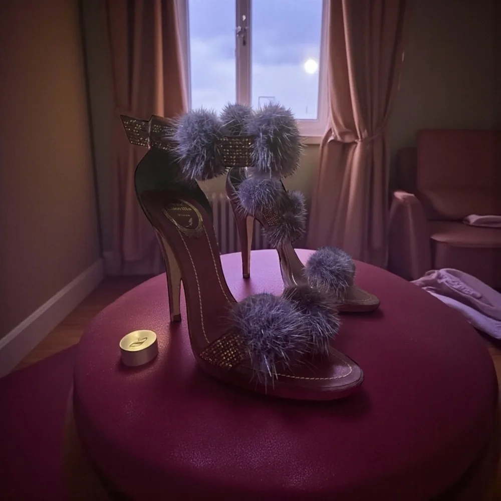 Rene Caovilla Lavender Fur Pom-Pom Crystal Strap Stiletto Heels